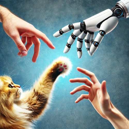 Illustration: Menschenhand, Roboterhand und Katzenpfote strecken sich einander entgegen